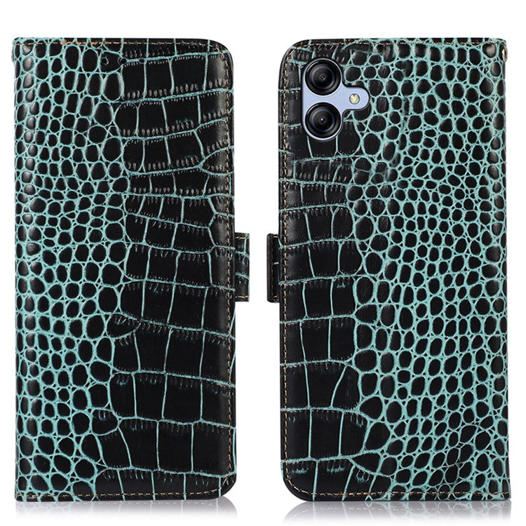 For Samsung Galaxy A04e 4G / F04 4G / M04 4G RFID Blocking Flip Phone Wallet Case Crocodile Texture Genuine Cowhide Leather Stand Drop-proof Phone Cover - Green