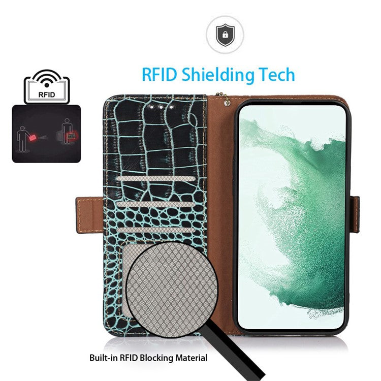 For Samsung Galaxy A04e 4G / F04 4G / M04 4G RFID Blocking Flip Phone Wallet Case Crocodile Texture Genuine Cowhide Leather Stand Drop-proof Phone Cover - Green