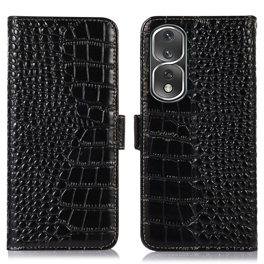 Shockproof Phone Cover For Honor 80 Pro 5G, Crocodile Texture Genuine Cowhide Leather RFID Blocking Flip Wallet Case Stand - Black