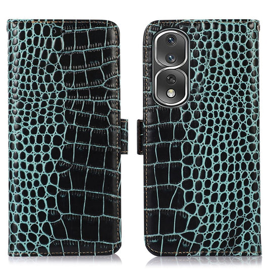 Shockproof Phone Cover For Honor 80 Pro 5G, Crocodile Texture Genuine Cowhide Leather RFID Blocking Flip Wallet Case Stand - Green