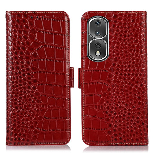 Shockproof Phone Cover For Honor 80 Pro 5G, Crocodile Texture Genuine Cowhide Leather RFID Blocking Flip Wallet Case Stand - Red