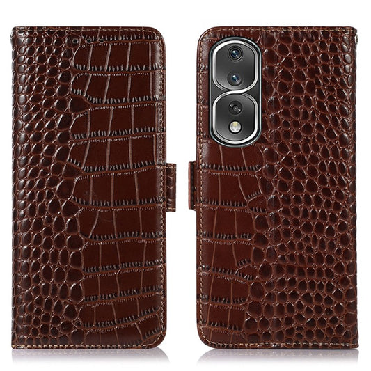 Shockproof Phone Cover For Honor 80 Pro 5G, Crocodile Texture Genuine Cowhide Leather RFID Blocking Flip Wallet Case Stand - Brown
