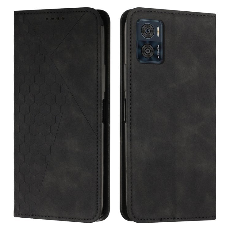 Skin-touch Leather Phone Case For Motorola Moto E22i 4G / E22 4G, Imprinted Rhombus Pattern Magnetic Auto-absorbed Shockproof Phone Cover with Wallet Stand - Black