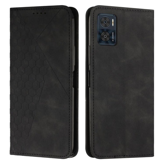 Skin-touch Leather Phone Case For Motorola Moto E22i 4G / E22 4G, Imprinted Rhombus Pattern Magnetic Auto-absorbed Shockproof Phone Cover with Wallet Stand - Black