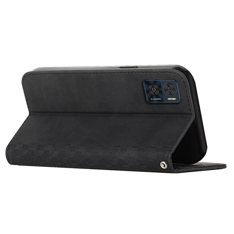 Skin-touch Leather Phone Case For Motorola Moto E22i 4G / E22 4G, Imprinted Rhombus Pattern Magnetic Auto-absorbed Shockproof Phone Cover with Wallet Stand - Black