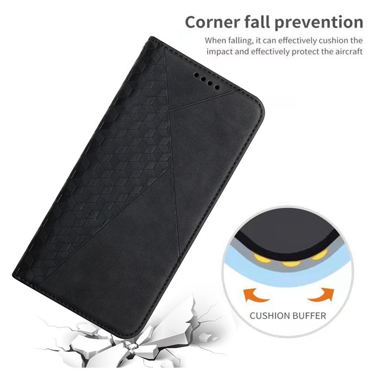 Skin-touch Leather Phone Case For Motorola Moto E22i 4G / E22 4G, Imprinted Rhombus Pattern Magnetic Auto-absorbed Shockproof Phone Cover with Wallet Stand - Black