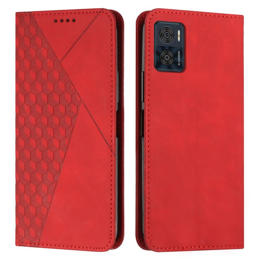Skin-touch Leather Phone Case For Motorola Moto E22i 4G / E22 4G, Imprinted Rhombus Pattern Magnetic Auto-absorbed Shockproof Phone Cover with Wallet Stand - Red