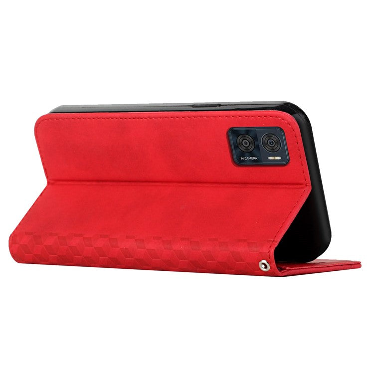 Skin-touch Leather Phone Case For Motorola Moto E22i 4G / E22 4G, Imprinted Rhombus Pattern Magnetic Auto-absorbed Shockproof Phone Cover with Wallet Stand - Red
