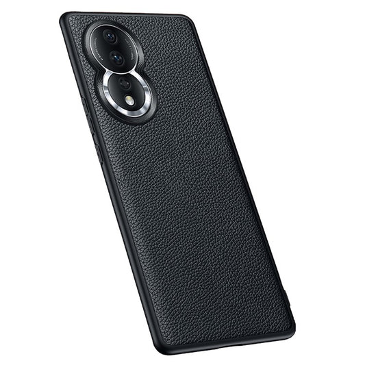 Anti-Drop Phone Case for Honor 80 5G Protective Shell Soft TPU + PC + Cowhide Leather Coated Phone Cover with Metal Lens Frame - Black