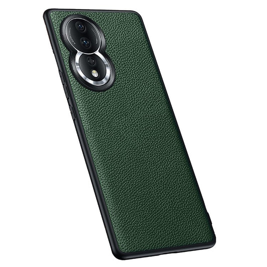 Anti-Drop Phone Case for Honor 80 5G Protective Shell Soft TPU + PC + Cowhide Leather Coated Phone Cover with Metal Lens Frame - Olive Green