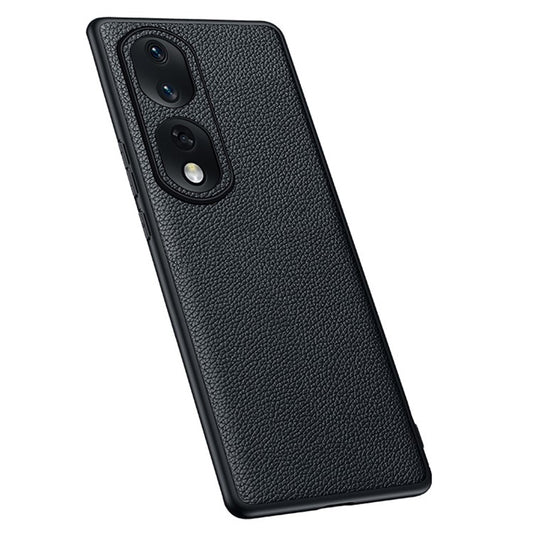 TPU + PC + Cowhide Leather Case for Honor 80 Pro 5G Protective Phone Case Anti-Drop Phone Shell with Leather Lens Cover - Black