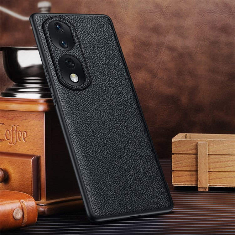 TPU + PC + Cowhide Leather Case for Honor 80 Pro 5G Protective Phone Case Anti-Drop Phone Shell with Leather Lens Cover - Black