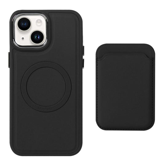 Shockproof Case for iPhone 14 Plus Mag Series Liquid Silicone Cover Electroplating Skin-touch Phone Case with Card Holder - Black