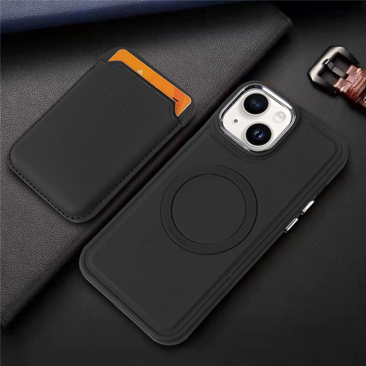 Shockproof Case for iPhone 14 Plus Mag Series Liquid Silicone Cover Electroplating Skin-touch Phone Case with Card Holder - Black