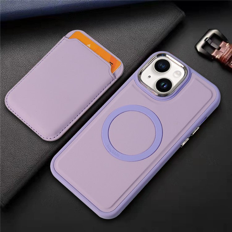 Shockproof Case for iPhone 14 Plus Mag Series Liquid Silicone Cover Electroplating Skin-touch Phone Case with Card Holder - Light Purple