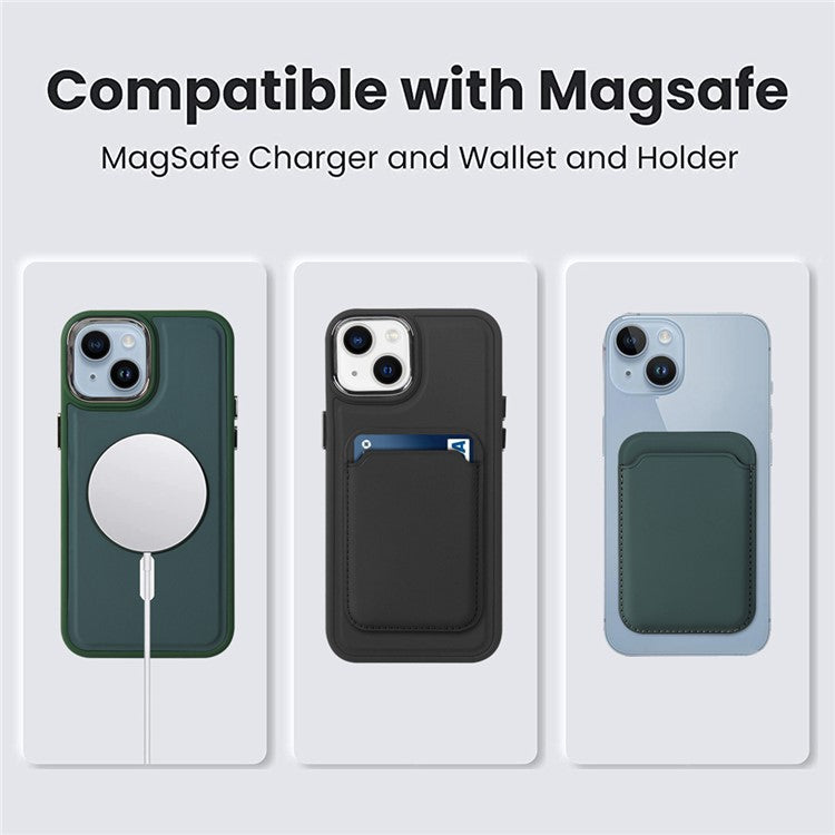 Shockproof Case for iPhone 14 Plus Mag Series Liquid Silicone Cover Electroplating Skin-touch Phone Case with Card Holder - Light Purple