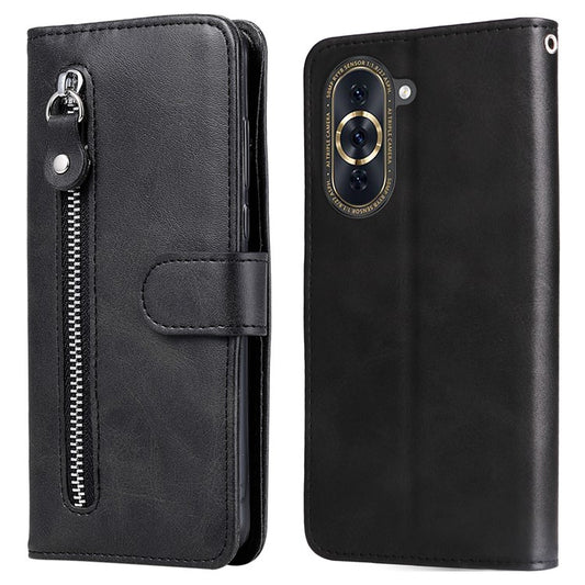 Zipper Pocket Phone Case for Huawei nova 10 4G, Calf Texture PU Leather Stand Wallet Anti-drop Cover - Black