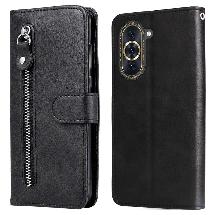 Zipper Pocket Phone Case for Huawei nova 10 4G, Calf Texture PU Leather Stand Wallet Anti-drop Cover - Black