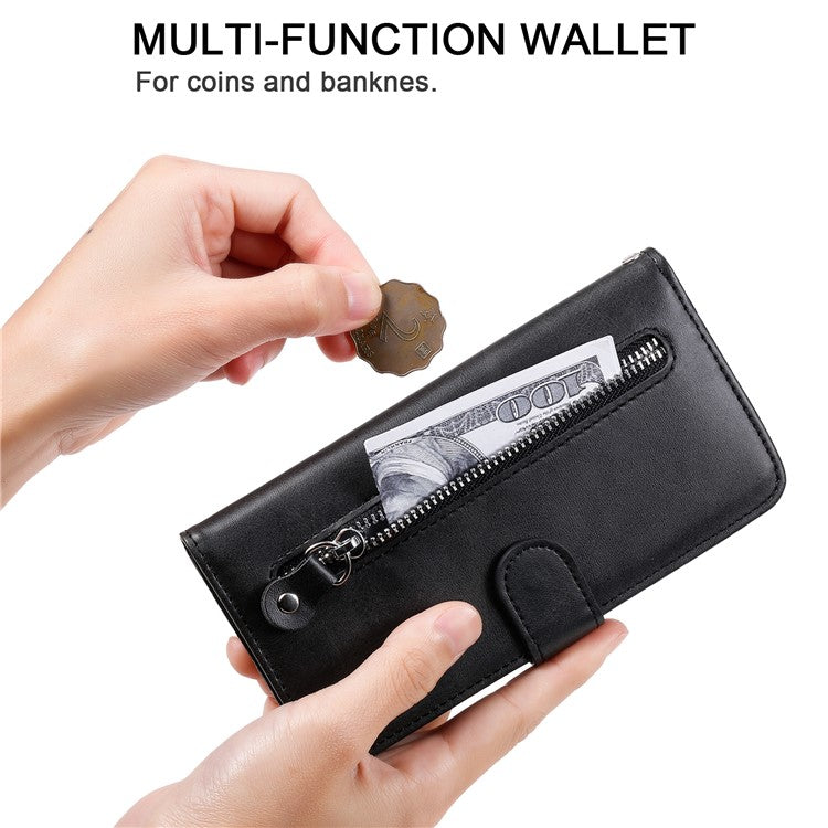 Zipper Pocket Phone Case for Huawei nova 10 4G, Calf Texture PU Leather Stand Wallet Anti-drop Cover - Black