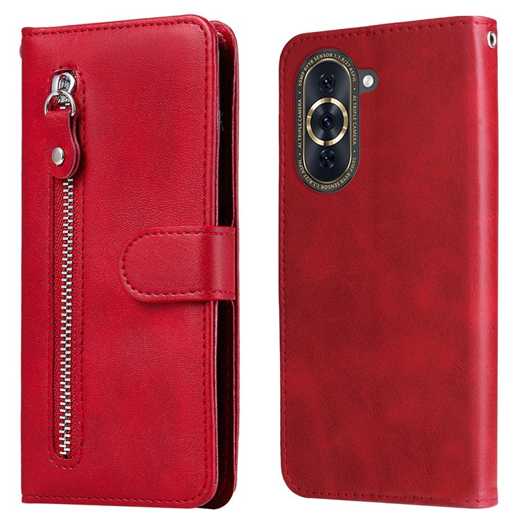 Zipper Pocket Phone Case for Huawei nova 10 4G, Calf Texture PU Leather Stand Wallet Anti-drop Cover - Red