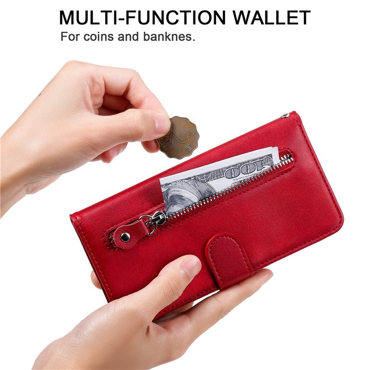 Zipper Pocket Phone Case for Huawei nova 10 4G, Calf Texture PU Leather Stand Wallet Anti-drop Cover - Red