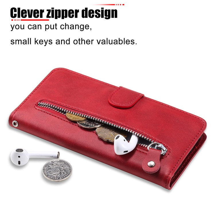 Zipper Pocket Phone Case for Huawei nova 10 4G, Calf Texture PU Leather Stand Wallet Anti-drop Cover - Red