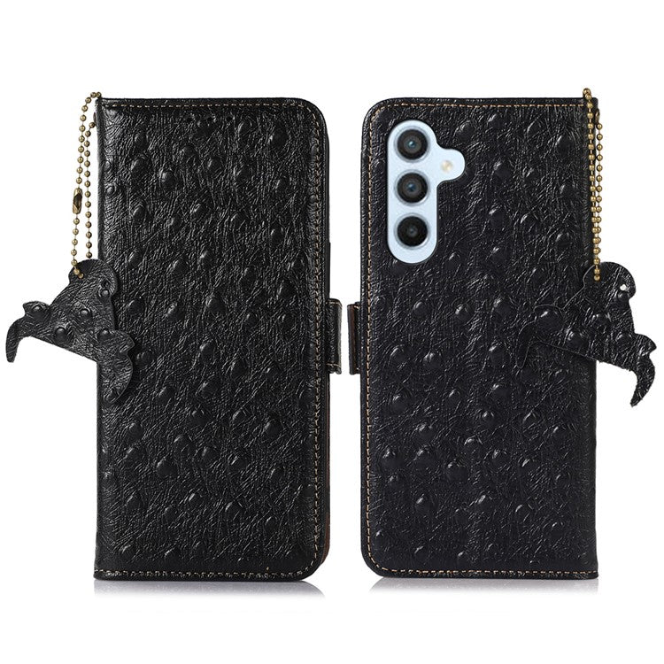 For Samsung Galaxy A34 5G Drop-proof Phone Cover Ostrich Pattern Genuine Cowhide Leather Stand RFID Blocking Wallet Case - Black