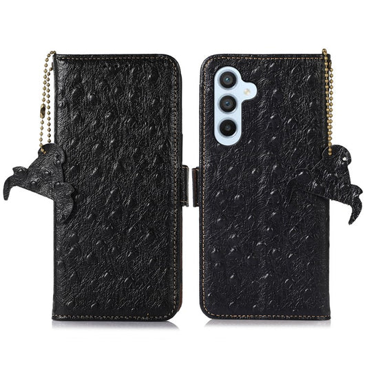 For Samsung Galaxy A34 5G Drop-proof Phone Cover Ostrich Pattern Genuine Cowhide Leather Stand RFID Blocking Wallet Case - Black