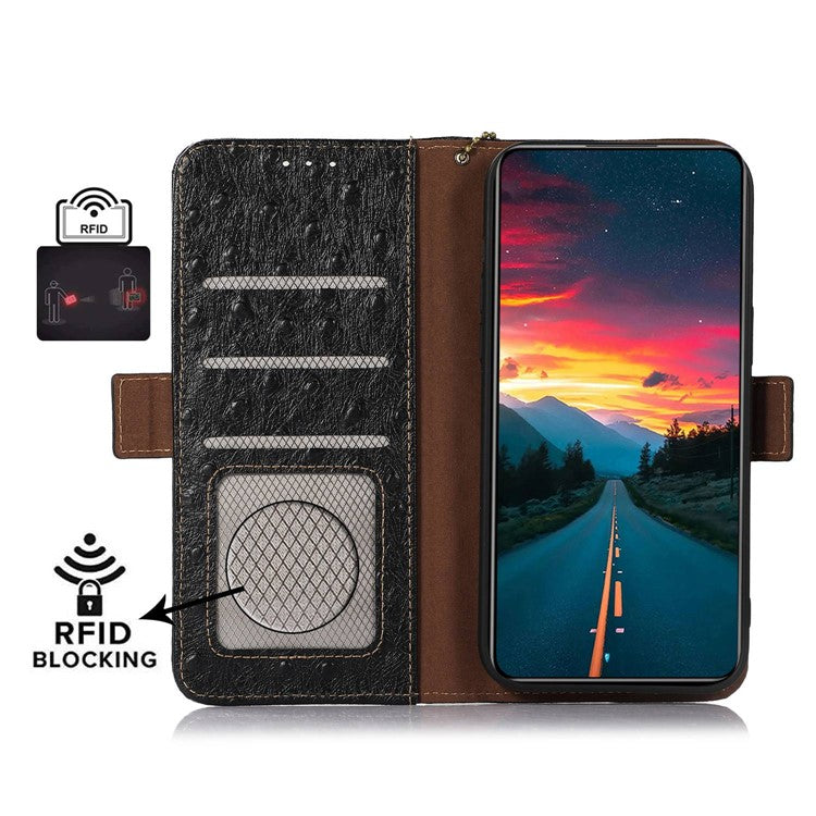 For Samsung Galaxy A34 5G Drop-proof Phone Cover Ostrich Pattern Genuine Cowhide Leather Stand RFID Blocking Wallet Case - Black