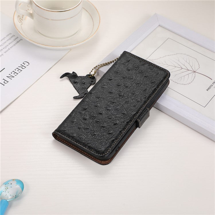 For Samsung Galaxy A34 5G Drop-proof Phone Cover Ostrich Pattern Genuine Cowhide Leather Stand RFID Blocking Wallet Case - Black