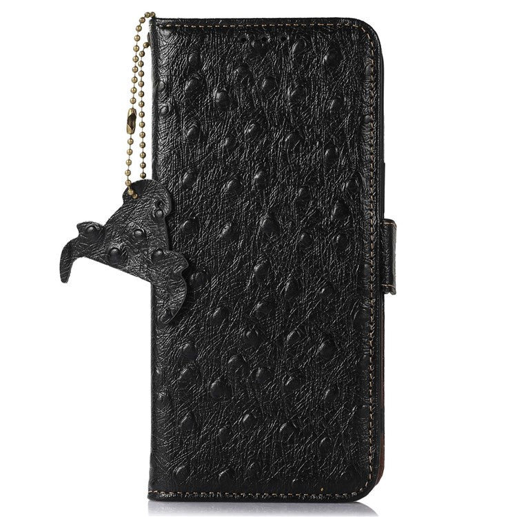 For Samsung Galaxy A34 5G Drop-proof Phone Cover Ostrich Pattern Genuine Cowhide Leather Stand RFID Blocking Wallet Case - Black