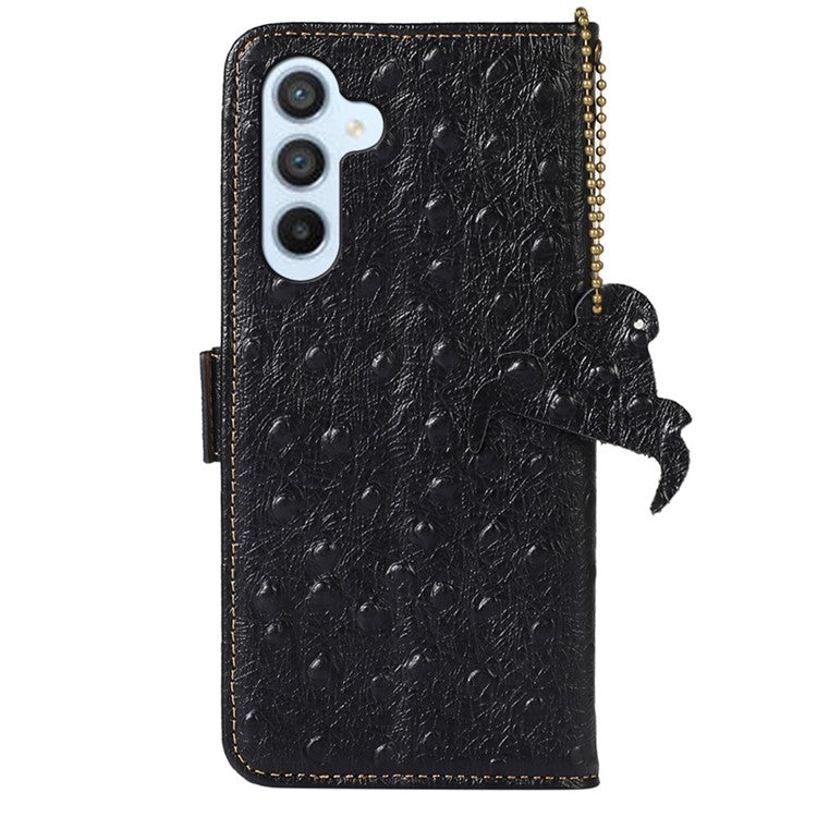 For Samsung Galaxy A34 5G Drop-proof Phone Cover Ostrich Pattern Genuine Cowhide Leather Stand RFID Blocking Wallet Case - Black