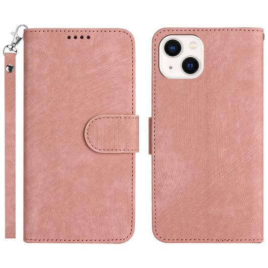 Wallet Phone Case for iPhone 14 Shockproof Case Stripe Pattern Anti-Fall Folio Flip Cover Magnetic Clasp PU Leather Stand Shell with Strap - Pink