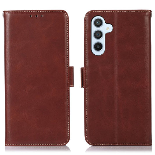 For Samsung Galaxy A34 5G Full Coverage Crazy Horse Texture RFID Blocking Phone Case Genuine Cowhide Leather Stand Magnetic Cell Phone Flip Wallet Cover - Brown