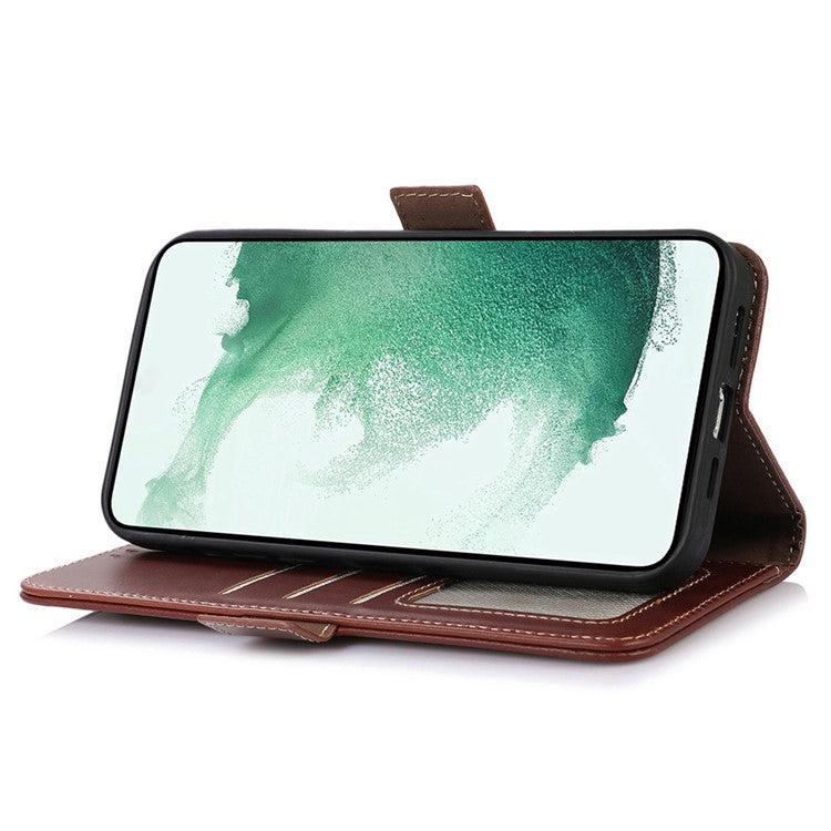 For Samsung Galaxy A34 5G Full Coverage Crazy Horse Texture RFID Blocking Phone Case Genuine Cowhide Leather Stand Magnetic Cell Phone Flip Wallet Cover - Brown