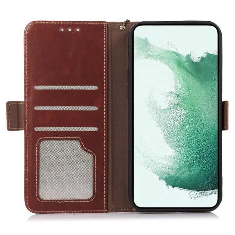 For Samsung Galaxy A34 5G Full Coverage Crazy Horse Texture RFID Blocking Phone Case Genuine Cowhide Leather Stand Magnetic Cell Phone Flip Wallet Cover - Brown