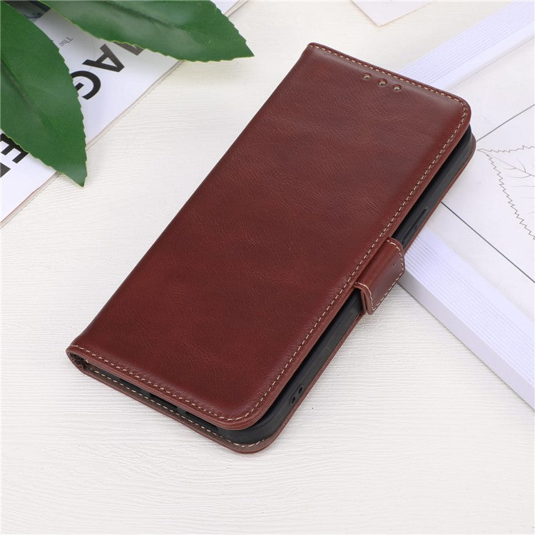For Samsung Galaxy A34 5G Full Coverage Crazy Horse Texture RFID Blocking Phone Case Genuine Cowhide Leather Stand Magnetic Cell Phone Flip Wallet Cover - Brown