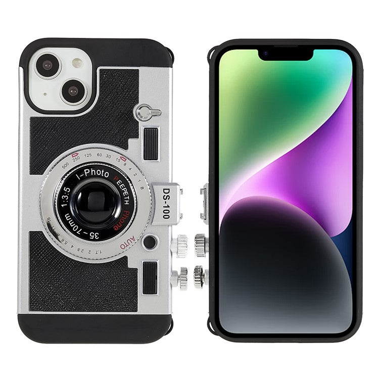 For iPhone 14 Plus Retro Camera Cool Design Phone Cover PU Leather + TPU + PC Crossbody Case with Neck Strap - Black