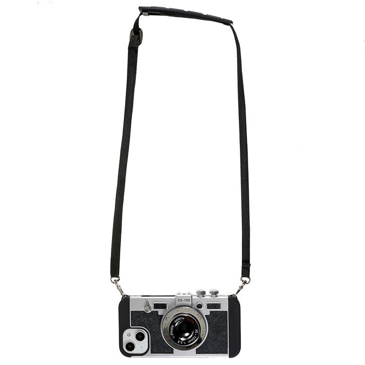 For iPhone 14 Plus Retro Camera Cool Design Phone Cover PU Leather + TPU + PC Crossbody Case with Neck Strap - Black