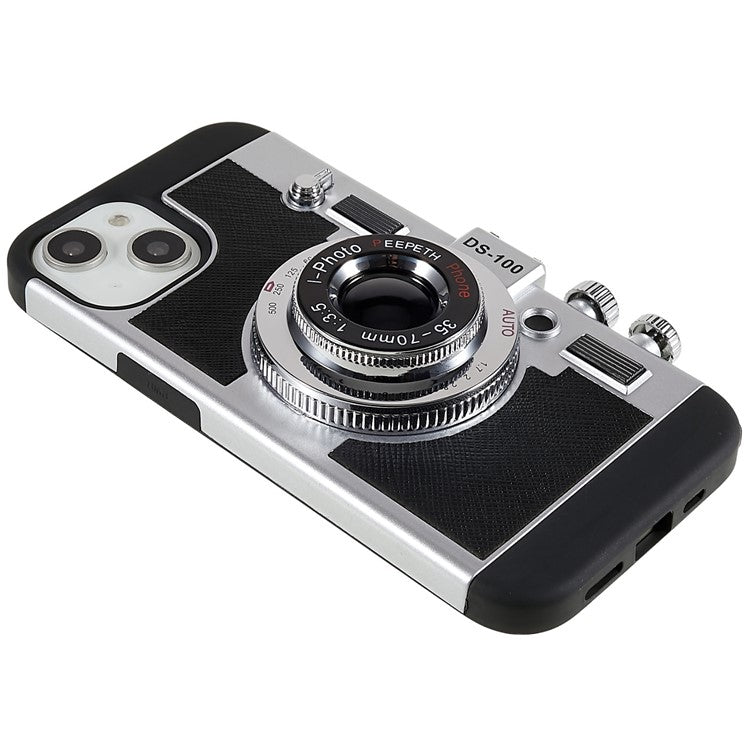 For iPhone 14 Plus Retro Camera Cool Design Phone Cover PU Leather + TPU + PC Crossbody Case with Neck Strap - Black