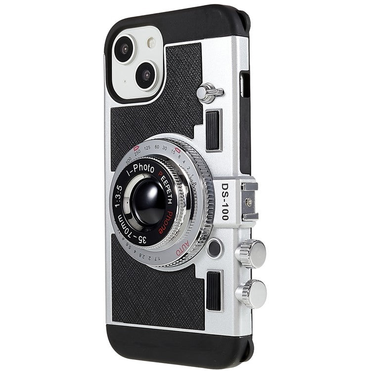 For iPhone 14 Plus Retro Camera Cool Design Phone Cover PU Leather + TPU + PC Crossbody Case with Neck Strap - Black