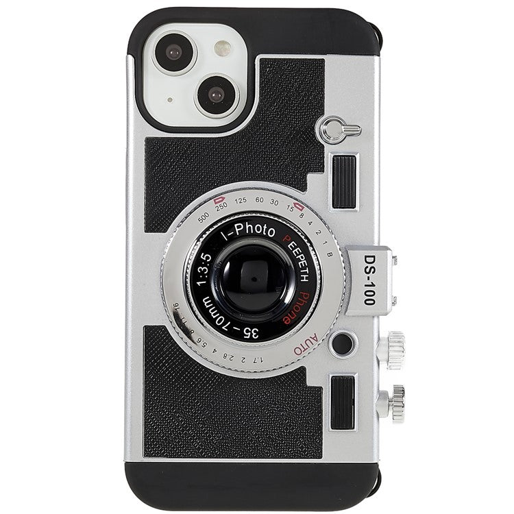 For iPhone 14 Plus Retro Camera Cool Design Phone Cover PU Leather + TPU + PC Crossbody Case with Neck Strap - Black