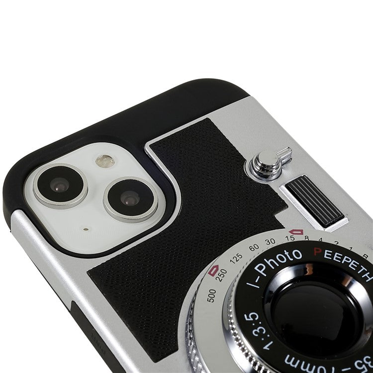 For iPhone 14 Plus Retro Camera Cool Design Phone Cover PU Leather + TPU + PC Crossbody Case with Neck Strap - Black