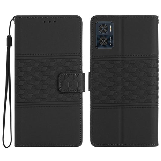 Retro Cell Phone Case For Motorola Moto E22 4G, Imprinted Pattern Stand Skin Touch Feeling Scratch-resistant Flip Leather Wallet Cover with Strap - Black