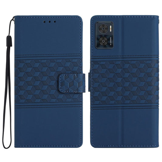 Retro Cell Phone Case For Motorola Moto E22 4G, Imprinted Pattern Stand Skin Touch Feeling Scratch-resistant Flip Leather Wallet Cover with Strap - Blue