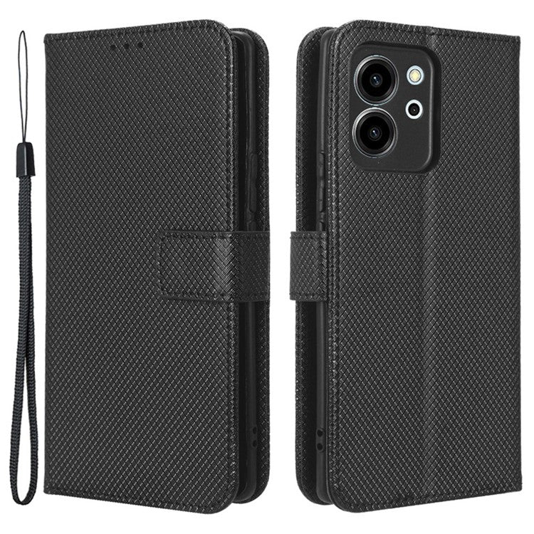 For Honor 80 SE 5G Supporting Stand Wallet Cover Magnetic Clasp Diamond Texture PU Leather Phone Case - Black