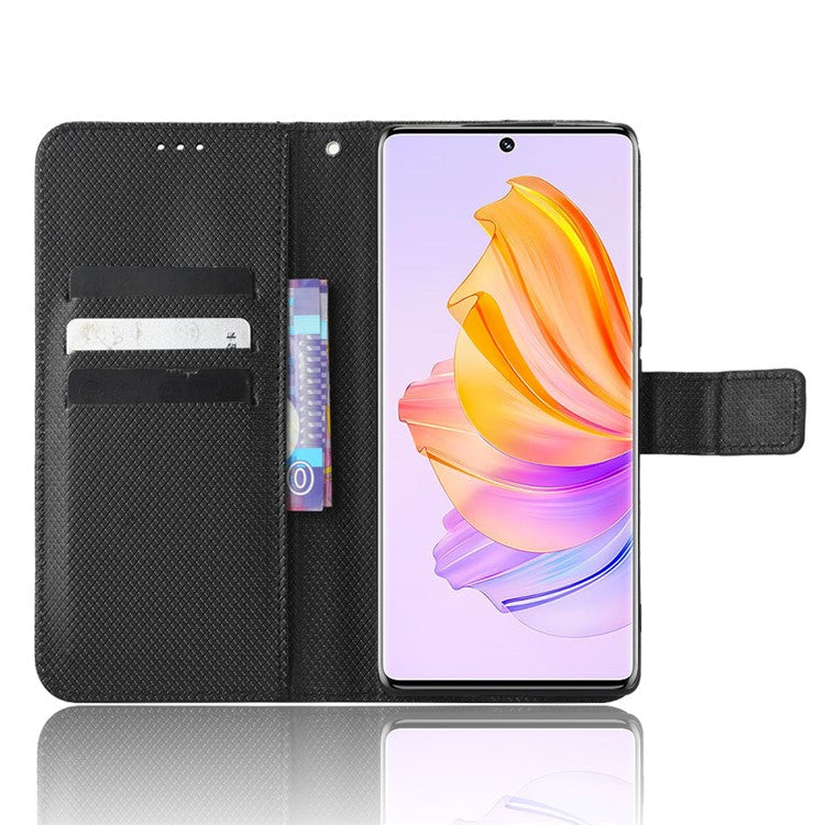For Honor 80 SE 5G Supporting Stand Wallet Cover Magnetic Clasp Diamond Texture PU Leather Phone Case - Black