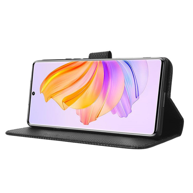 For Honor 80 SE 5G Supporting Stand Wallet Cover Magnetic Clasp Diamond Texture PU Leather Phone Case - Black