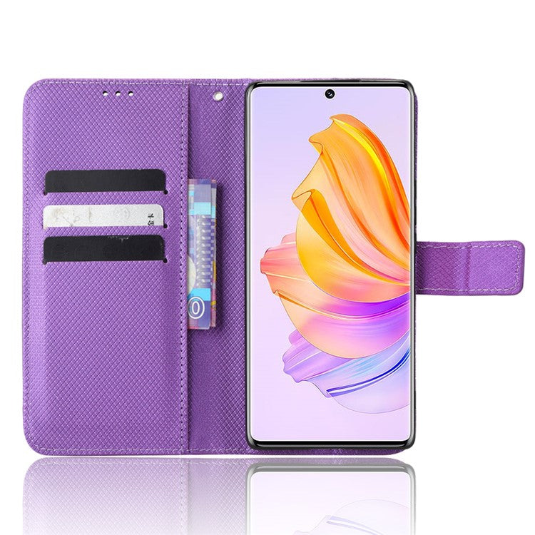 For Honor 80 SE 5G Supporting Stand Wallet Cover Magnetic Clasp Diamond Texture PU Leather Phone Case - Purple