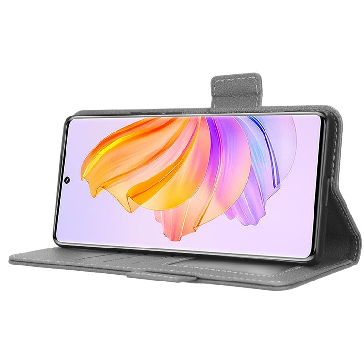 For Honor 80 SE 5G Magnetic Phone Cover Litchi Texture Stand Function Wallet PU Leather Shockproof Flip Phone Case with Strap - Grey
